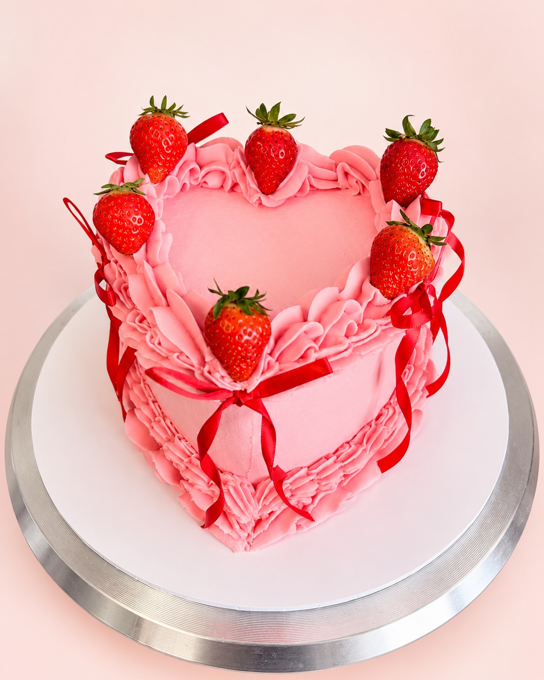 Pink heart-shaped vintage cake with frilly piping, red ribbon bows and fresh strawberries